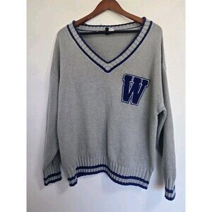 Divided Sweater Womens Sz L Gray Blue University W Patch Knit Preppy Academia